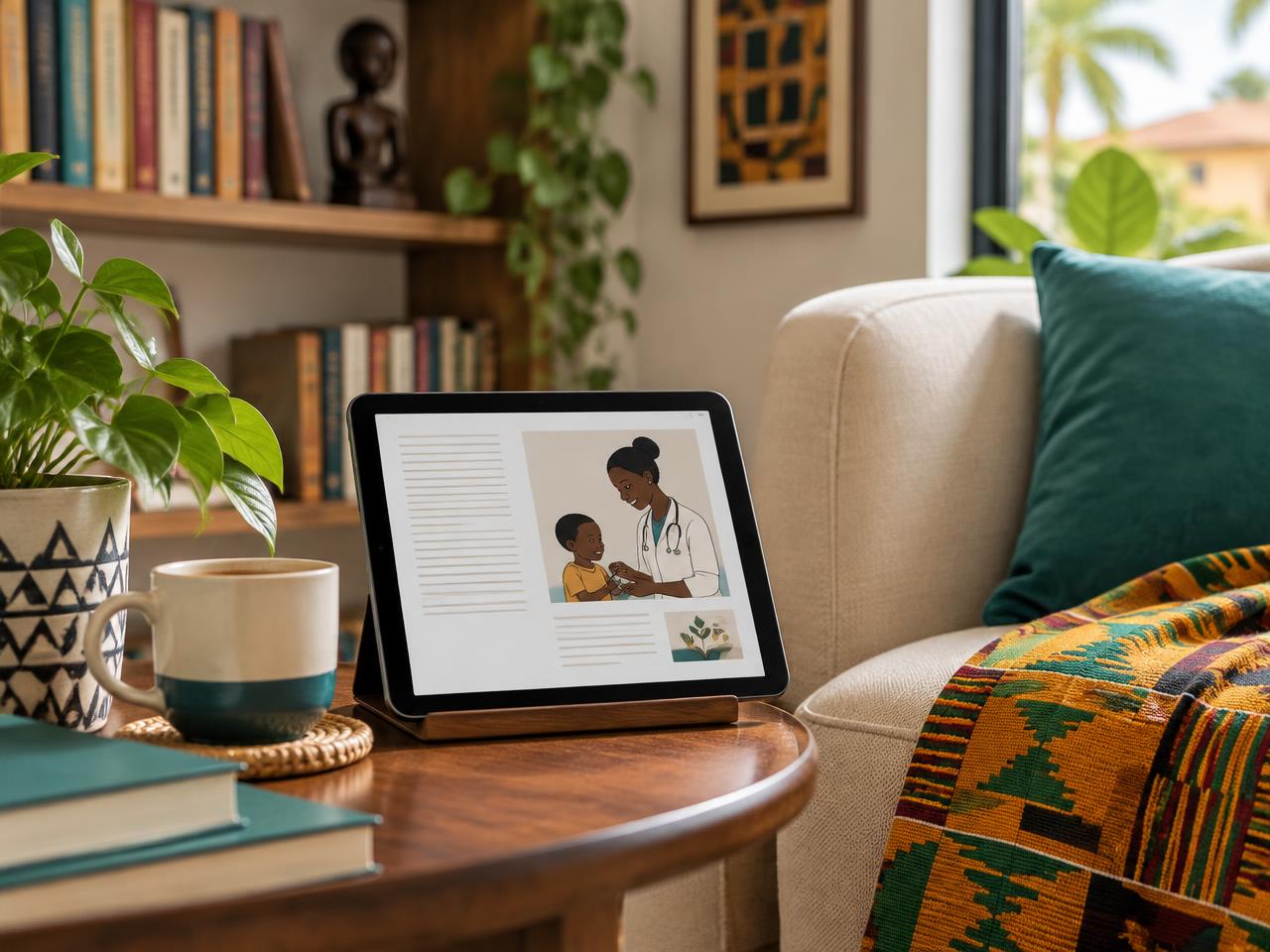 A tablet showing a health education book beside a cup of tea